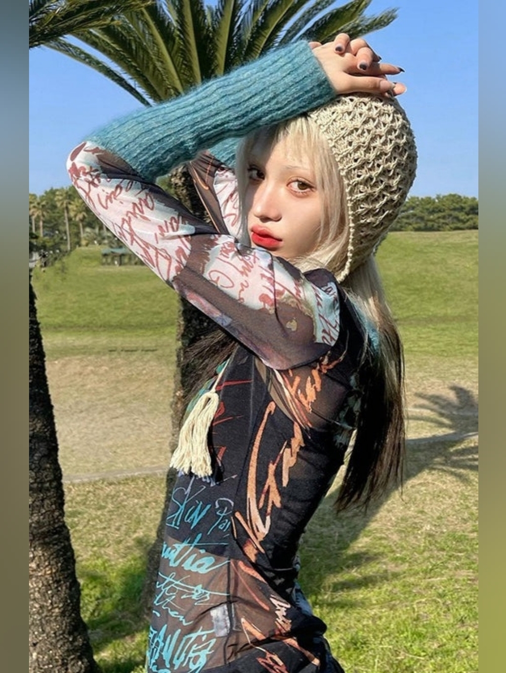 Y2K Vintage Sheer Slim Top Long Sleeve Round Neck Pattern Print Mesh Patchwork S - Picture 4 of 17